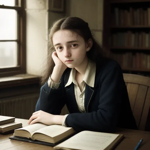 a girl sitting at a table with a book and a pen in her hand and looking at the camera, by Gottfried Helnwein