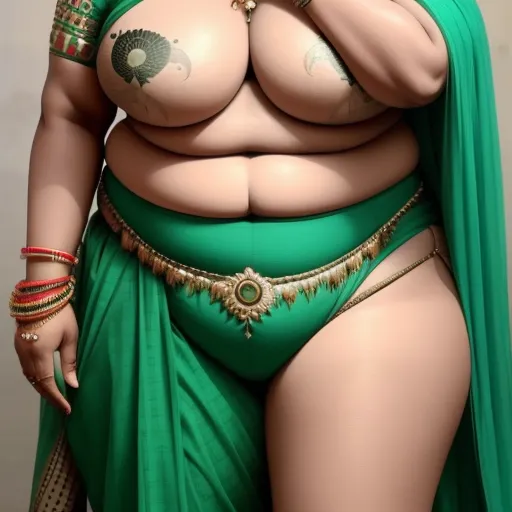 a woman in a green sari with a big breast and large breasts is posing for a picture with her hands on her face, by Botero