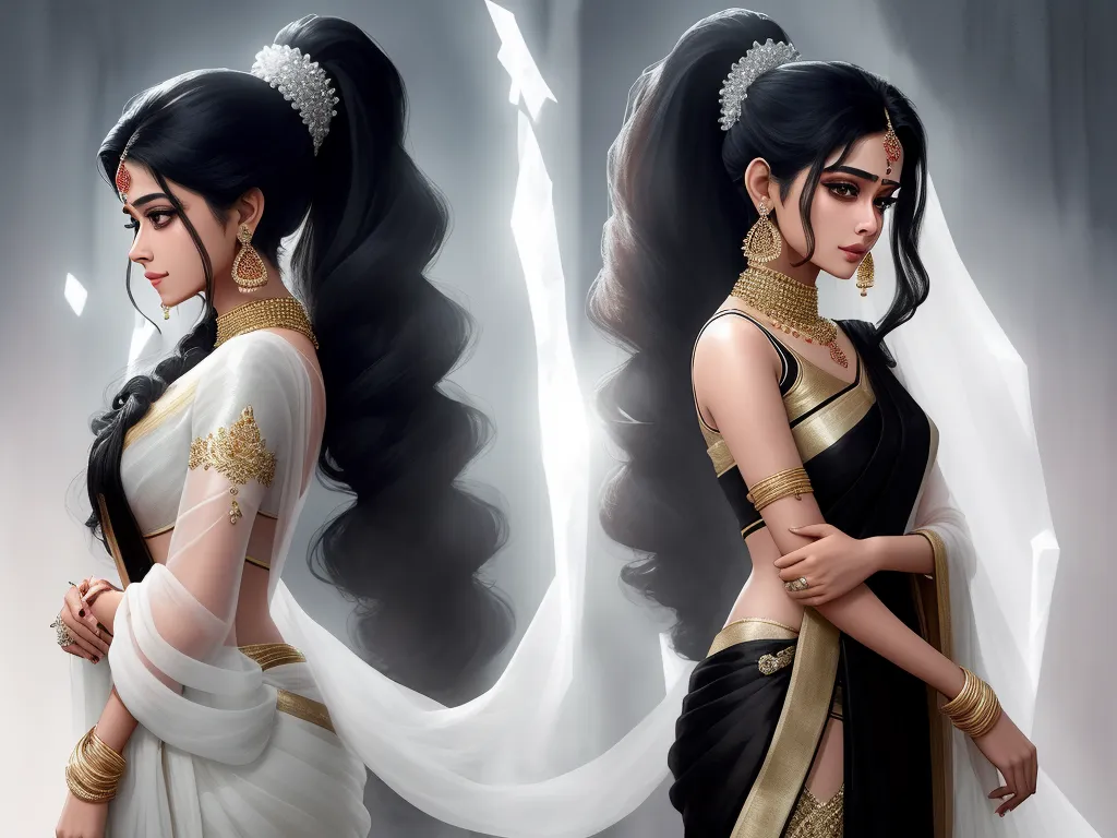 how to change image resolution - a woman in a white and black sari with a gold trim around her neck and a veil over her head, by Lois van Baarle