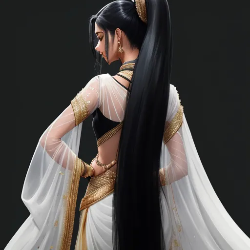 a woman in a white and gold outfit with long hair and a veil on her head, wearing a long black and white veil, by Lois van Baarle