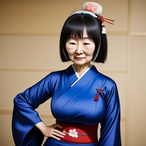 a woman in a blue kimono poses for a picture with her hands on her hips and her hair in a bun, by Rumiko Takahashi