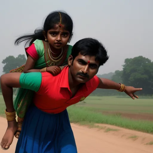 image generator from text - a man carrying a woman on his back on a dirt road in a field of grass and trees in the background, by Alec Soth