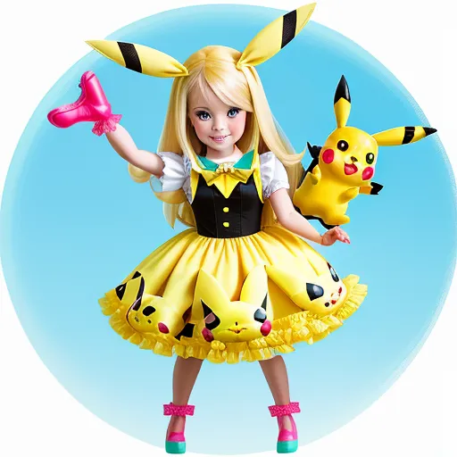 convert photo to 4k quality - a doll dressed in a pikachu costume holding a pink balloon and a pikachu figure in front of a blue circle, by Ken Sugimori