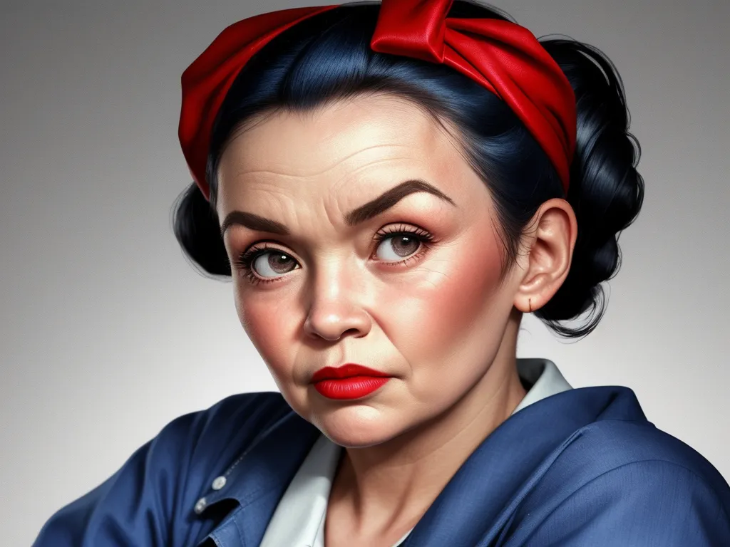 convert to high resolution - a woman with a red bow on her head and a blue shirt on her shoulders and a red bow on her head, by Jeff Simpson