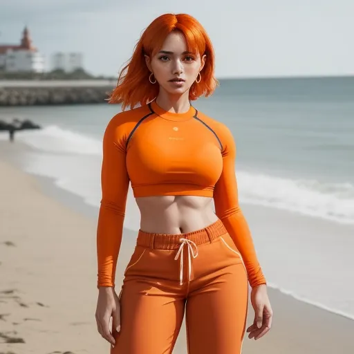 ai text to picture - a woman with red hair and orange pants on the beach wearing a crop top and matching pants with a matching pair of sneakers, by Sailor Moon