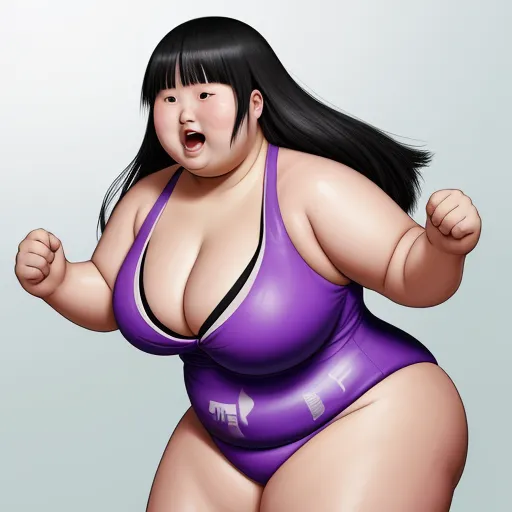 a very big woman in a purple bodysuit posing for a picture with her fist out and her eyes closed, by Rumiko Takahashi