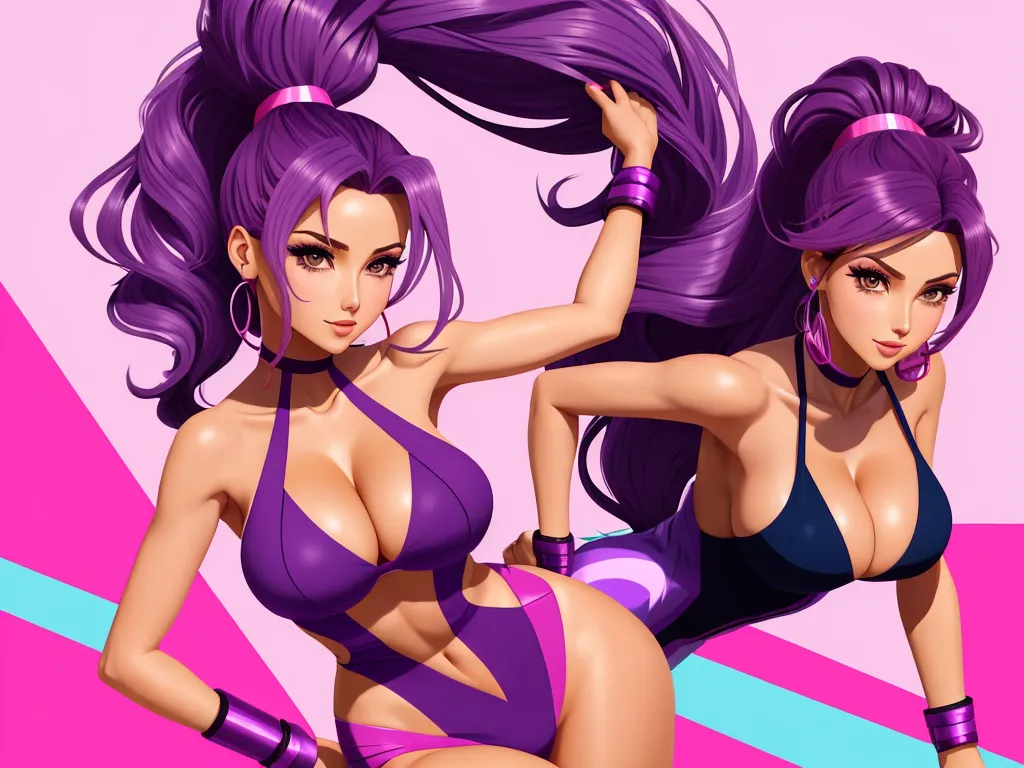 image high - a cartoon of two women in bikinis and purple hair, one with a ponytail and the other with a ponytail, by theCHAMBA