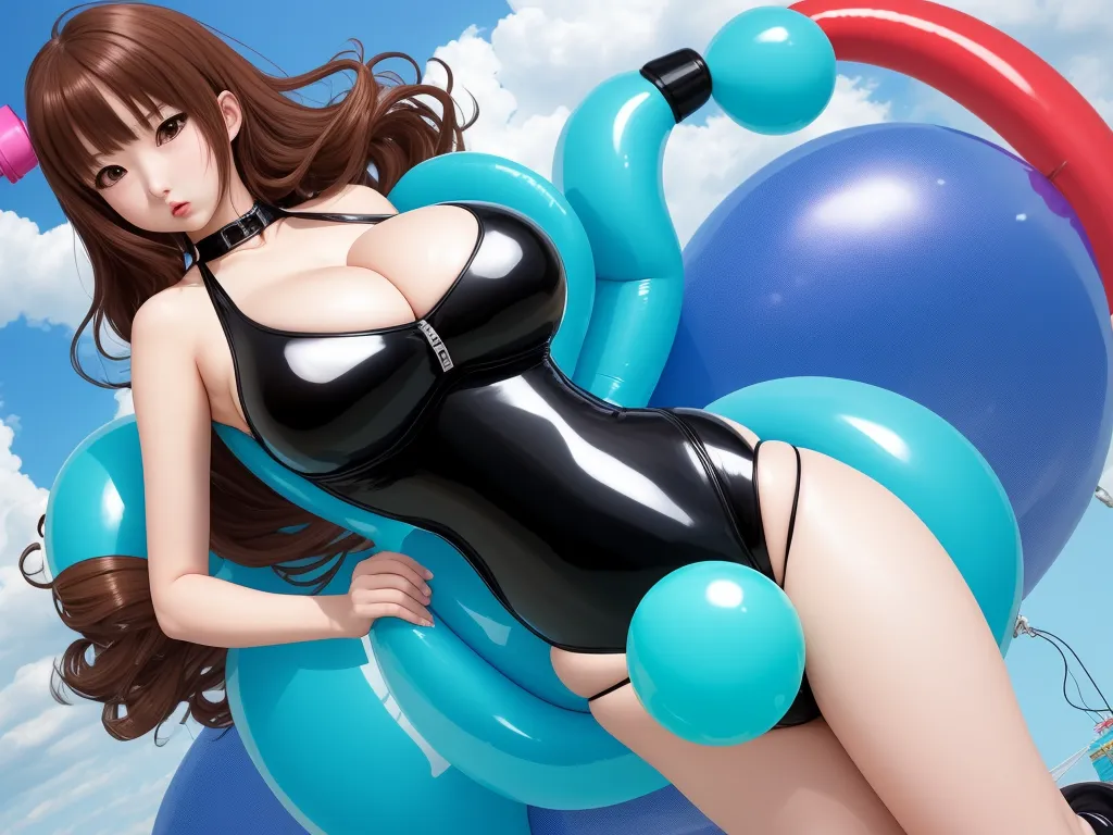 increase image resolution - a cartoon girl in a black dress laying on a blue balloon with a red ring around her neck and a red ring around her neck, by Terada Katsuya