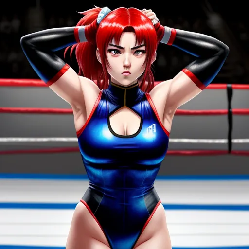 a woman in a blue and red outfit in a boxing ring with her hands on her head and her hands on her head, by theCHAMBA
