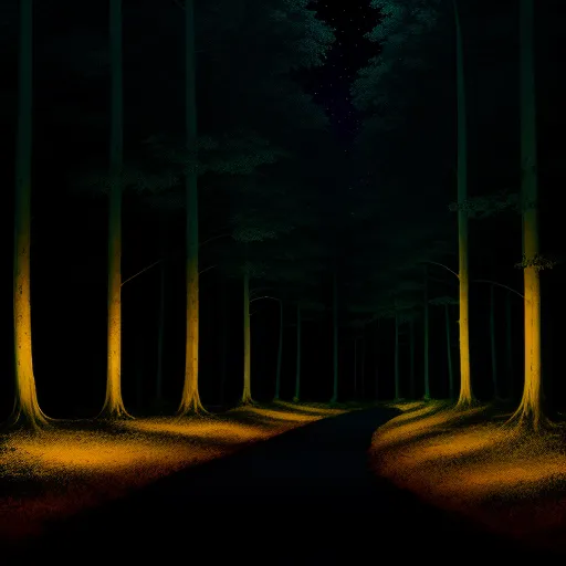ai image app - a dark road with trees and a sky in the background at night time with a bright light shining on the trees, by Algernon Blackwood