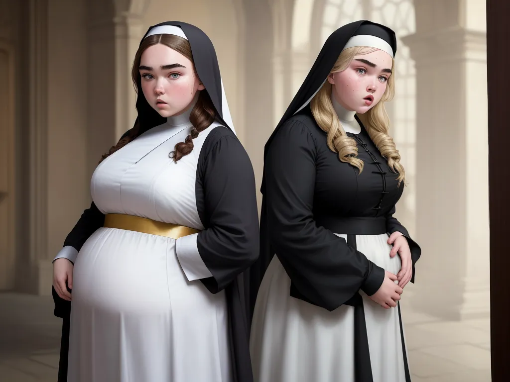 change image resolution online - two women dressed in nun costumes standing next to each other in a room with a large window and a clock, by Fernando Botero