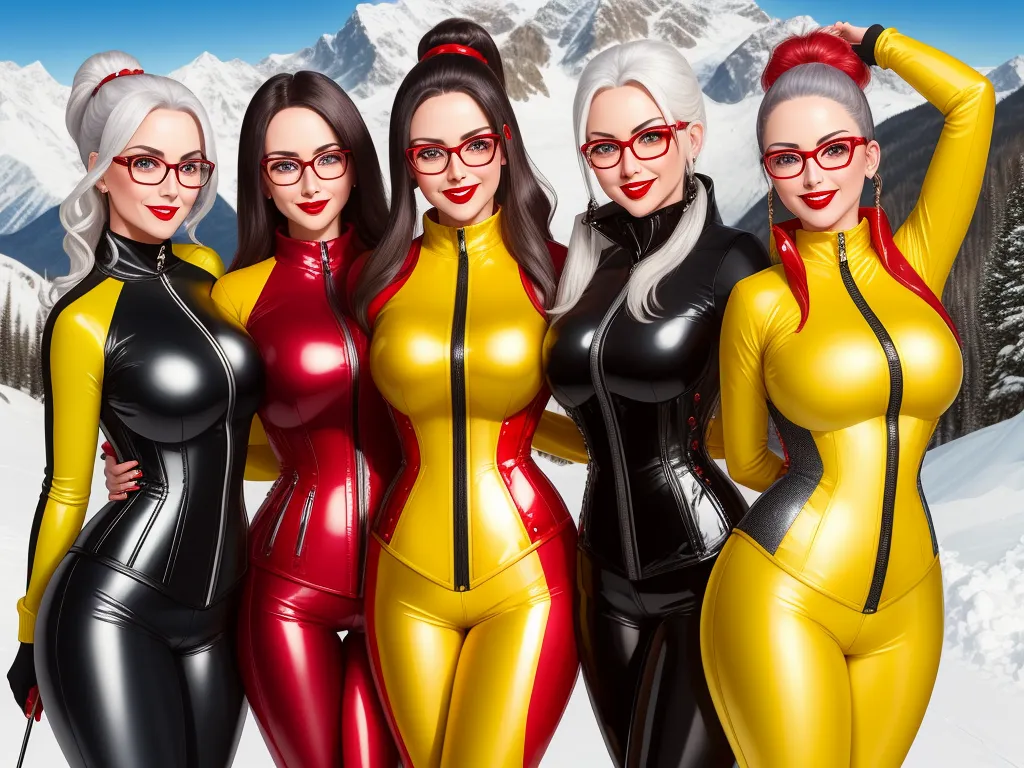 what is high resolution photo - a group of women in shiny outfits posing for a picture in the snow with mountains in the background and snow covered mountains in the background, by Hendrik van Steenwijk I