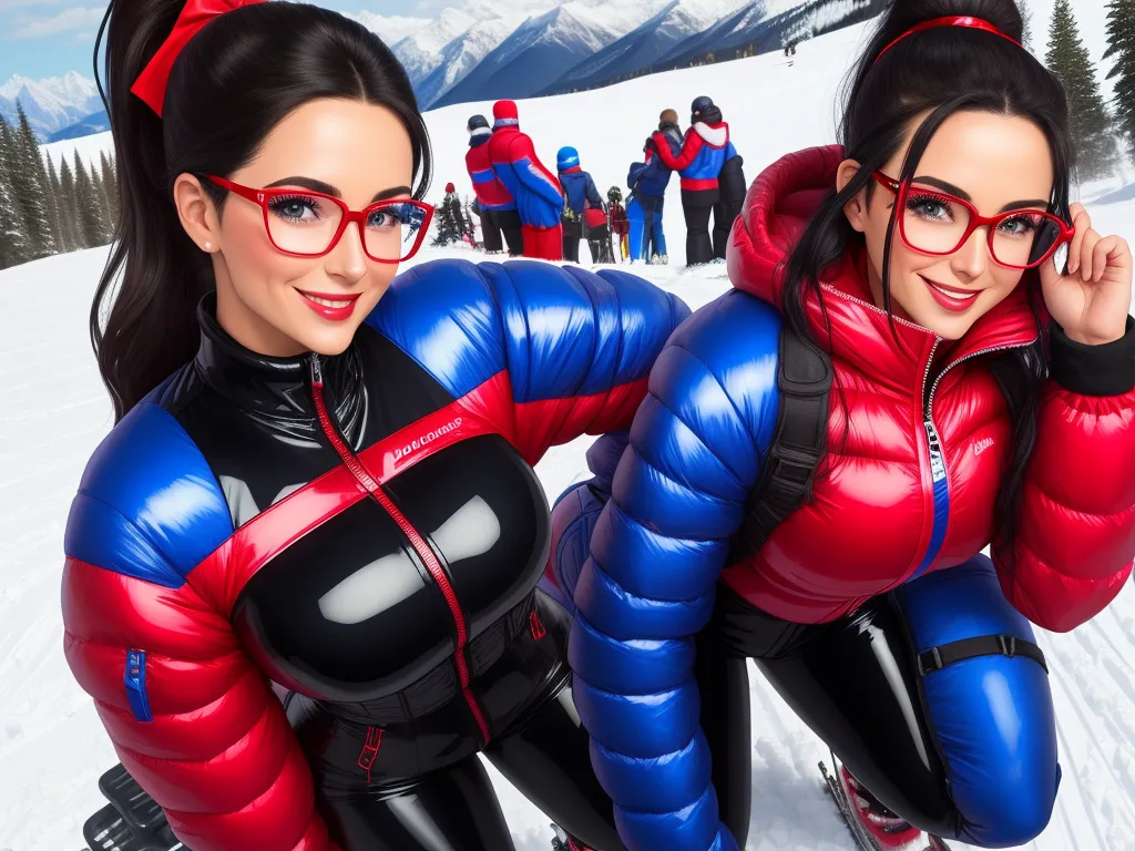 generate photo from text - two women in red and blue ski suits posing for a picture in the snow with skis on and people in the background, by Sailor Moon