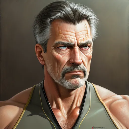 a man with a beard and a mustache is wearing a vest and has a serious look on his face, by Lois van Baarle