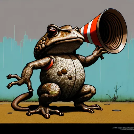free ai text to image - a frog with a red and white megaphone in its mouth and a blue wall behind it with a blue background, by Michael Hutter