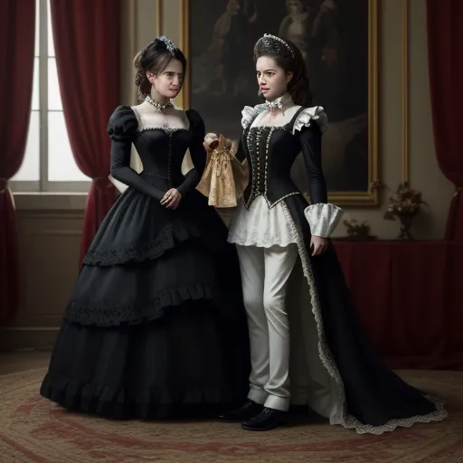 two women in period dress standing next to each other in a room with red curtains and a painting on the wall, by Nicolas Mignard