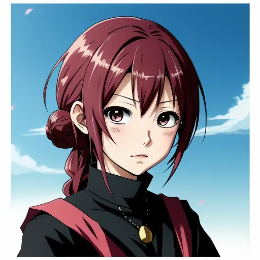 a anime girl with red hair and a black shirt and a necklace on her neck and a sky background, by Hiromu Arakawa