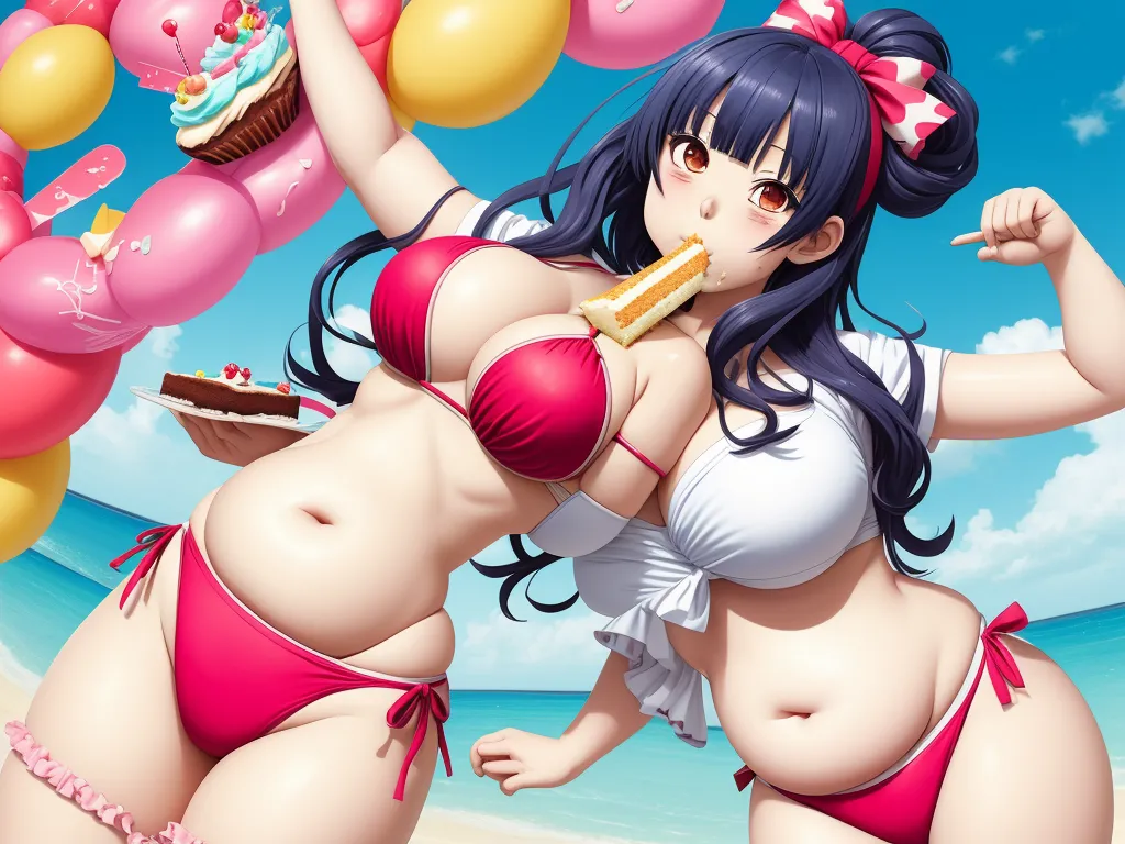 a cartoon picture of a woman in a bikini eating a piece of cake and blowing a candle on a beach, by NHK Animation