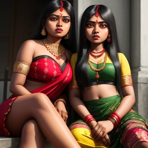 two women in indian garb sitting on a step together, both wearing necklaces and earrings, one with a red and green sari, by Raja Ravi Varma