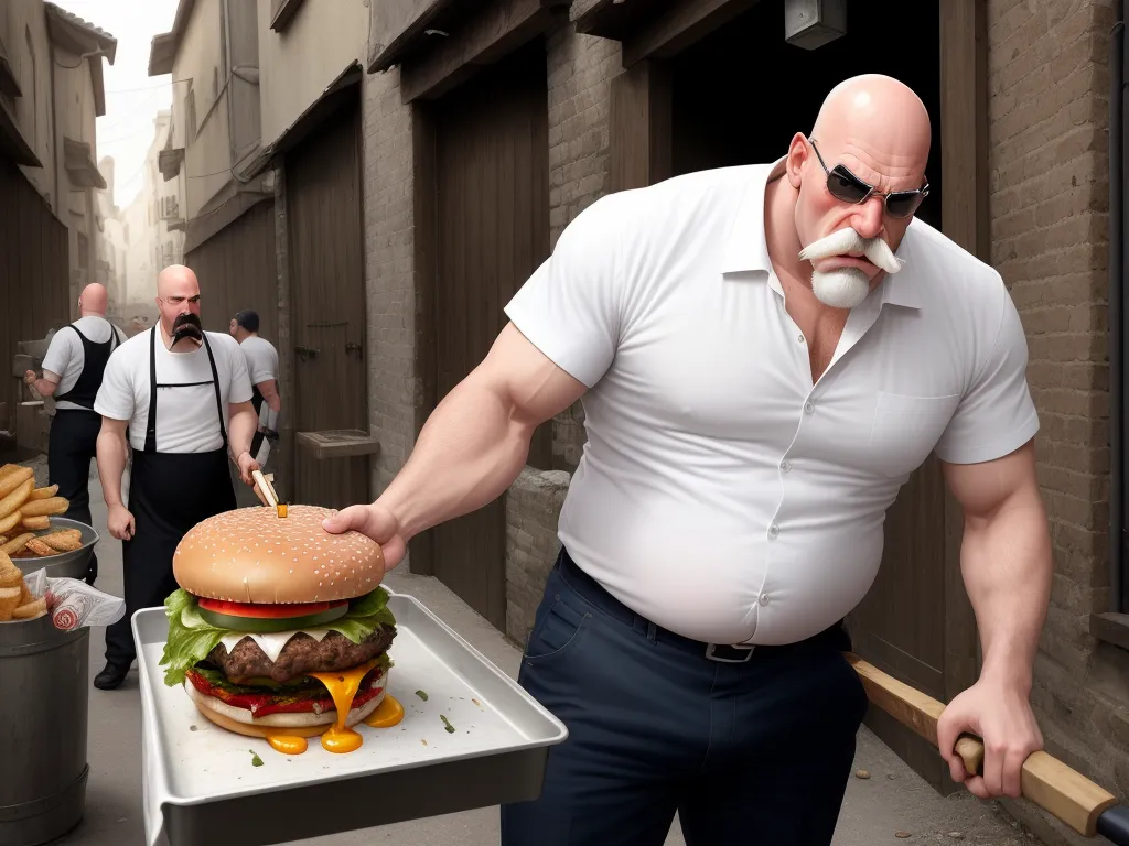 a man with a giant hamburger and a knife in his mouth is standing in front of a tray of fries, by Terada Katsuya