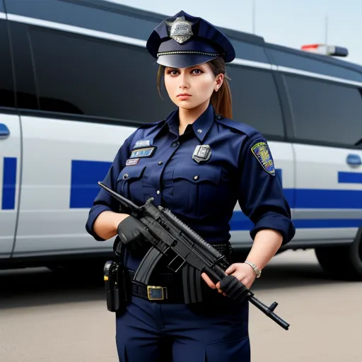 a woman police officer holding a gun in front of a police car and bus in the background, 3d digitally, by Hendrik van Steenwijk I