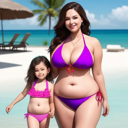 how to increase photo resolution - a woman and a little girl in a bikini on a beach with a umbrella in the background and a blue sky, by Terada Katsuya