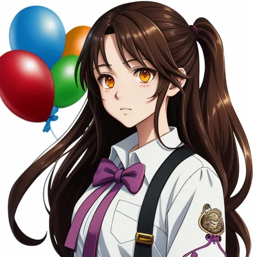 a girl with long hair and a bow tie holding a bunch of balloons in her hand and looking at the camera, by Hanabusa Itchō