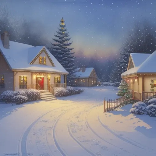 4k photo resolution converter - a painting of a snowy night with a house and a train track in the foreground and a lit christmas tree in the background, by Edward Lamson Henry