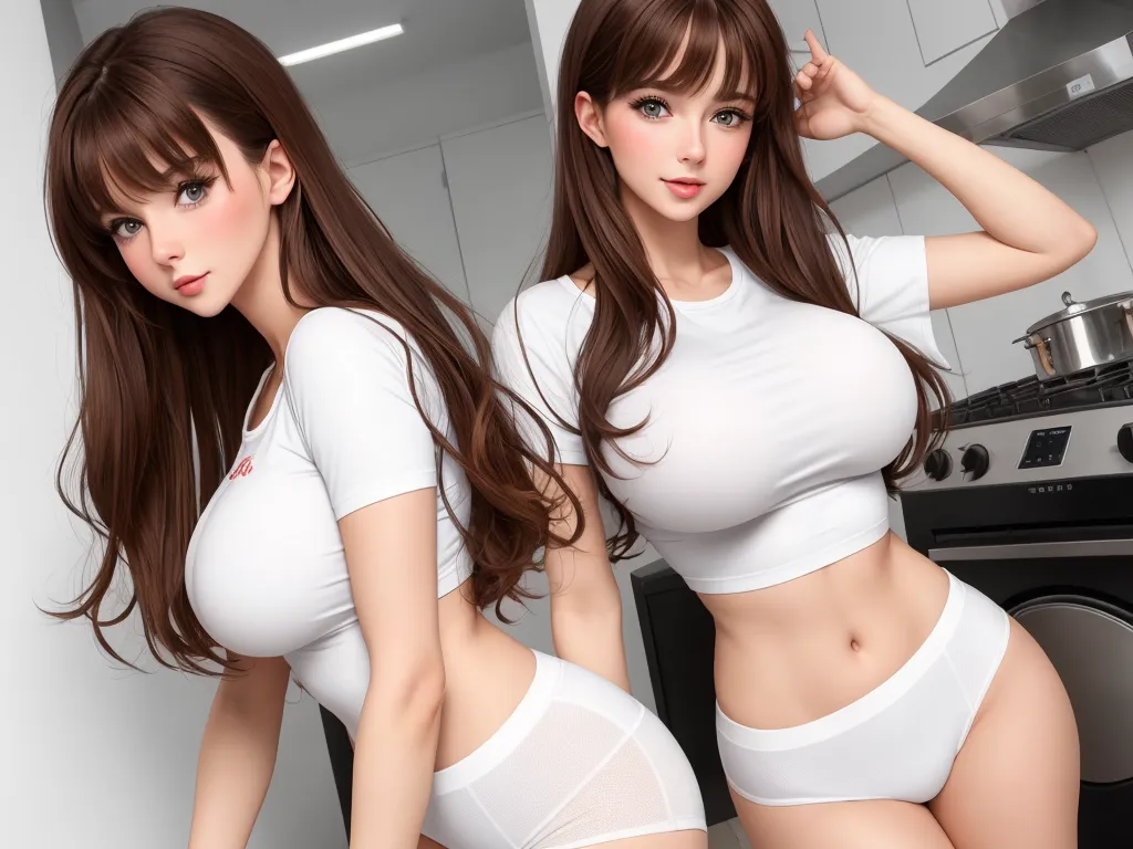 how to increase photo resolution - two women in white underwear standing in a kitchen next to a stove top oven and a stove top oven, by Terada Katsuya
