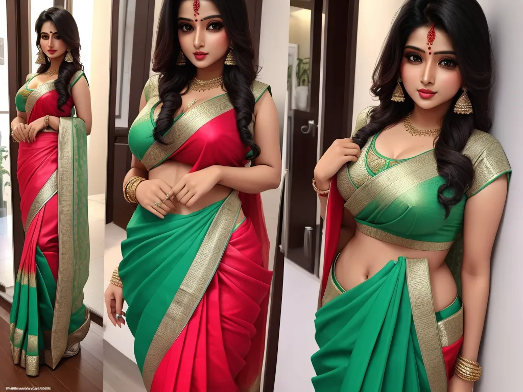 1080p to 4k converter picture - a woman in a red and green sari posing for a picture in a mirror with her hands on her hips, by Raja Ravi Varma