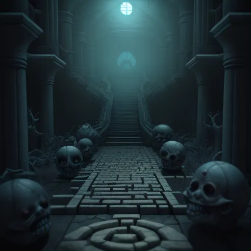 a creepy hallway with skulls and a maze in the middle of it with a light at the end of the tunnel, by Daniel Seghers
