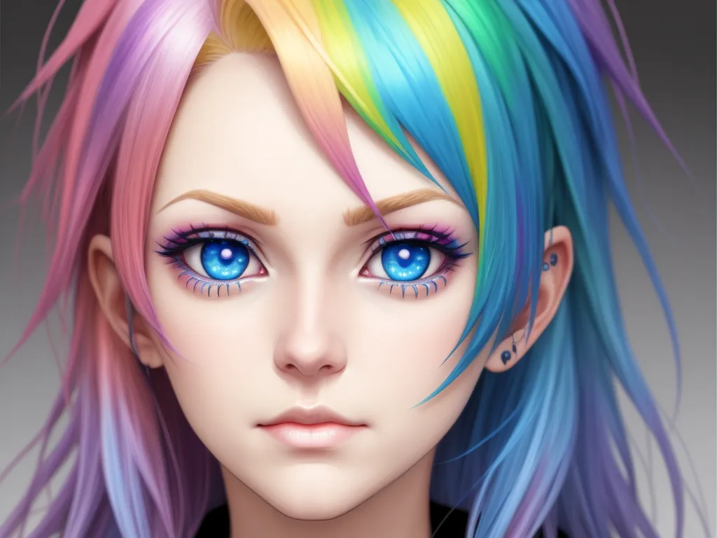 change picture resolution - a digital painting of a girl with colorful hair and blue eyes and pink and yellow hair with pink and blue highlights, by Daniela Uhlig