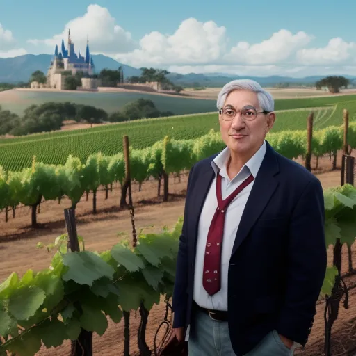 a man standing in front of a vineyard with a castle in the background and a castle in the distance, by Pixar Concept Artists