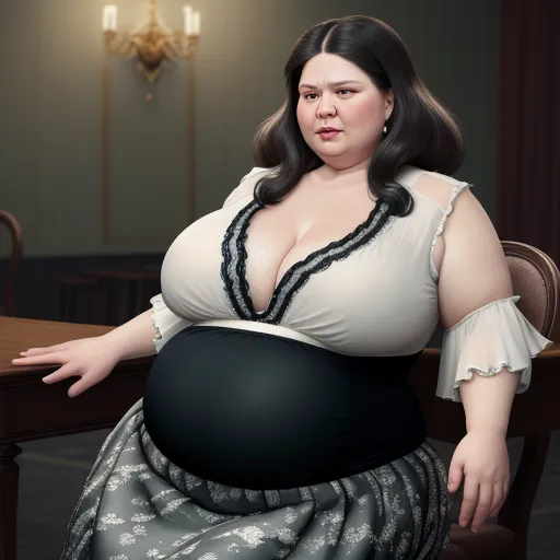 best photo ai software - a woman in a dress sitting at a table with a large breast and a black skirt on her waist, by Fernando Botero