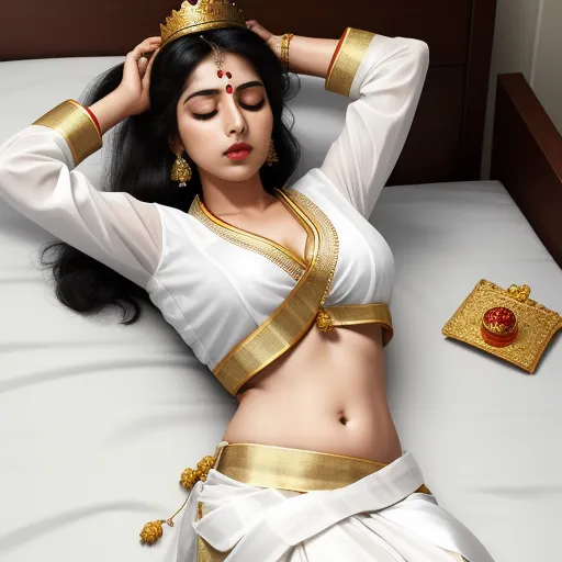 a woman in a white and gold outfit laying on a bed with a gold necklace and a gold ring, by Raja Ravi Varma