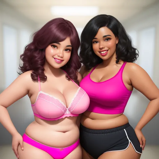 free ai image generator from text - two women in pink bras posing for a picture together in a room with a white wall and a white ceiling, by Terada Katsuya