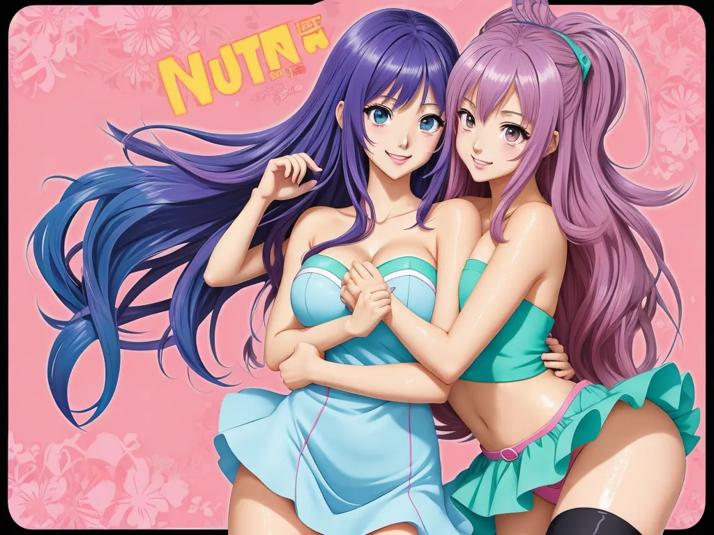 ai text to image - two anime girls hugging each other with long hair and blue eyes and purple hair, and pink background with flowers, by Toei Animations