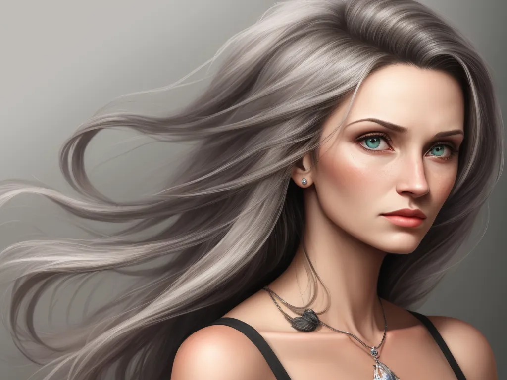 a woman with long gray hair and a necklace on her neck and a necklace on her neck, with a diamond necklace on her neck, by Daniela Uhlig