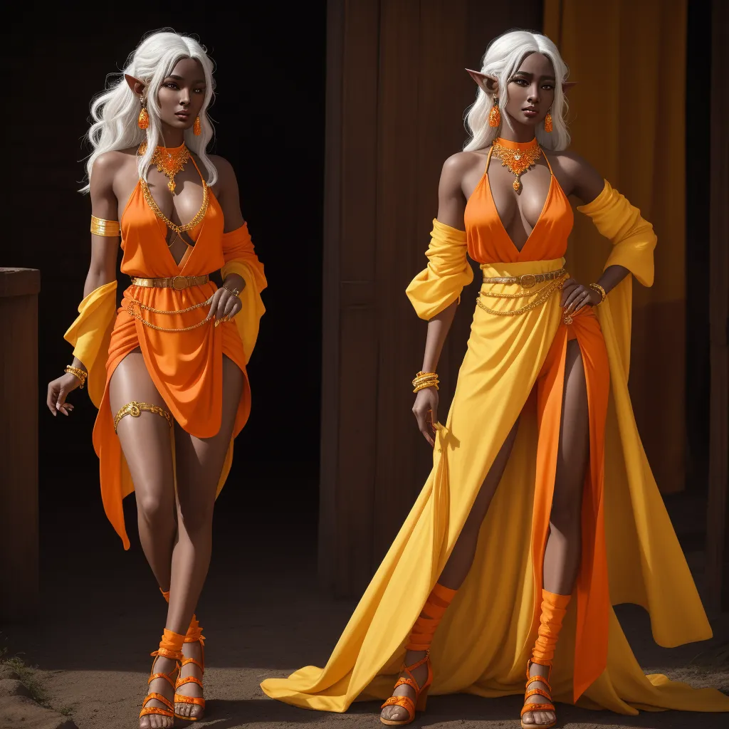 best ai picture generator - two women in orange and yellow outfits walking down a street together, one in a yellow dress and the other in a yellow dress, by Edmond Xavier Kapp