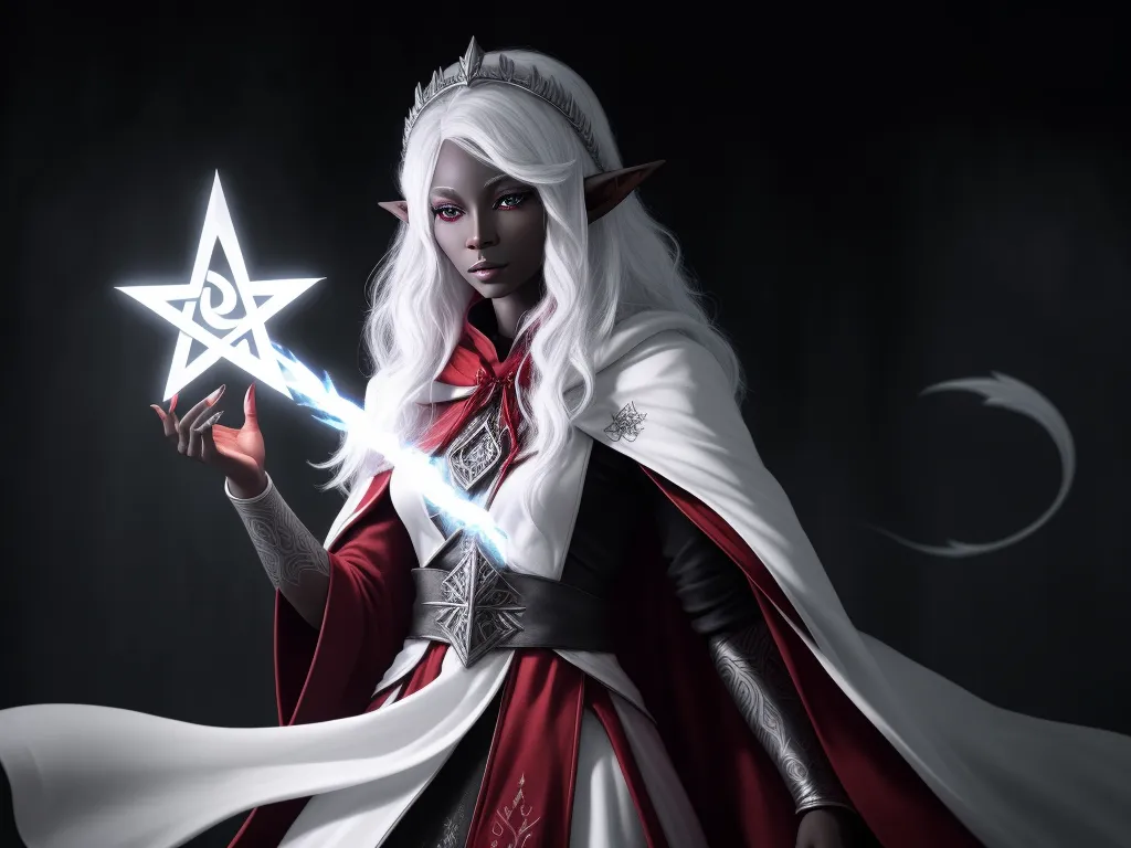 convert photo to 4k online - a woman dressed in a white and red outfit holding a star and a sword in her hand with a black background, by Daniela Uhlig