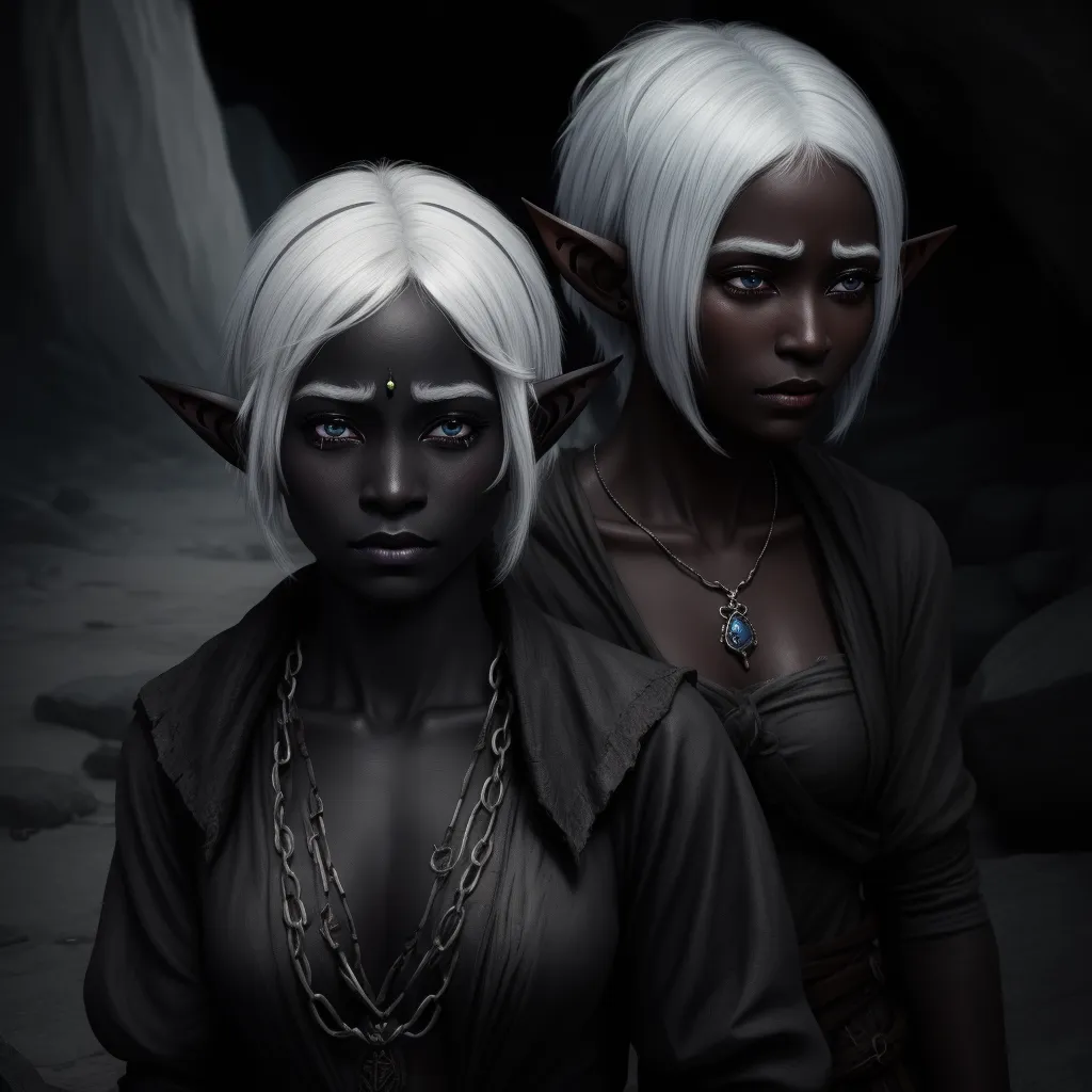 two women with white hair and blue eyes are standing next to each other in a cave with a cave background, by Daniela Uhlig
