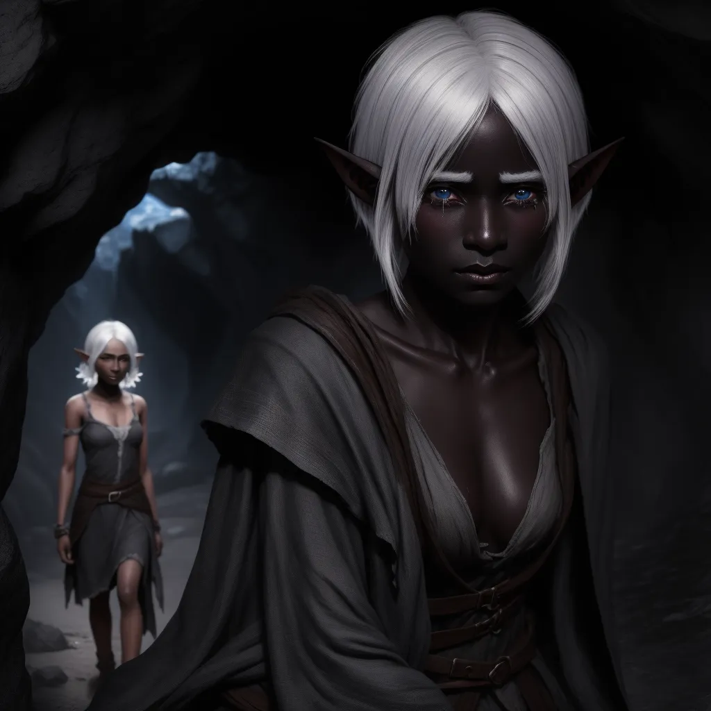 a woman with white hair and a white hair standing in a cave with a man in the background wearing a white robe, by Daniela Uhlig