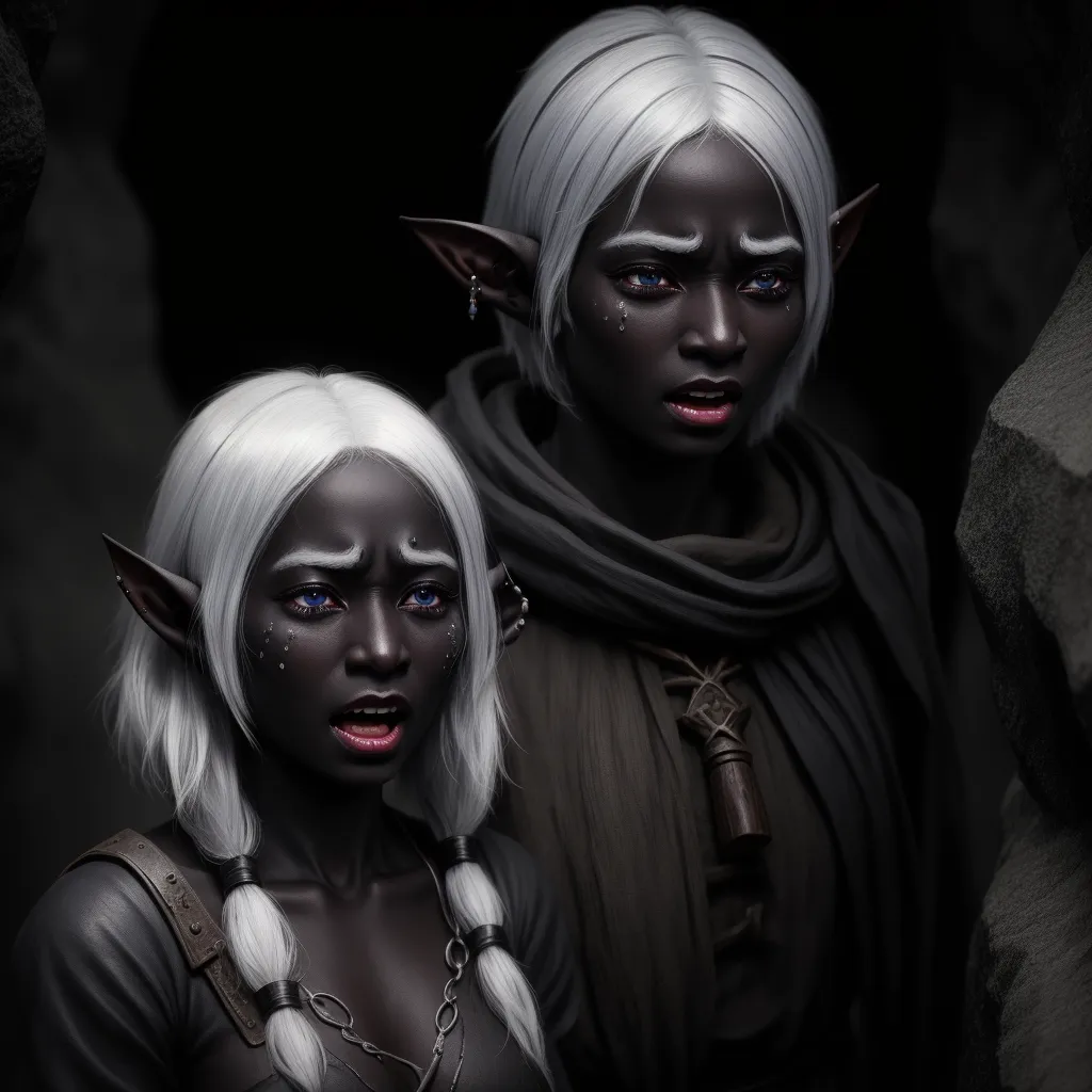 two women with white hair and blue eyes are standing in a cave with a dark background and a black background, by François Louis Thomas Francia