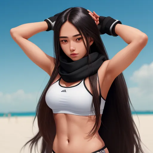 free photo enhancer online - a woman with long hair wearing a white top and black scarf on a beach with a blue sky in the background, by Terada Katsuya