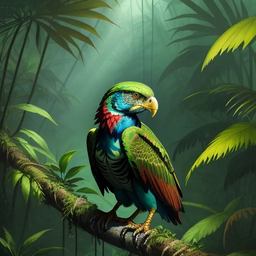 a colorful bird sitting on a branch in a jungle setting with green leaves and trees in the background,, by Andries Stock, Dutch Baroque painter