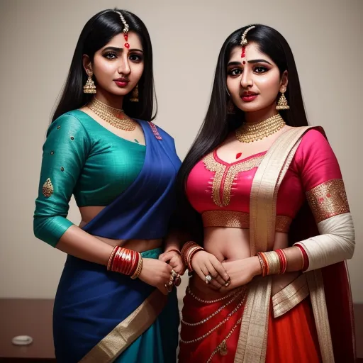 two women in sari are posing for a picture together, both wearing jewelry and one is wearing a necklace, by Hendrik van Steenwijk I