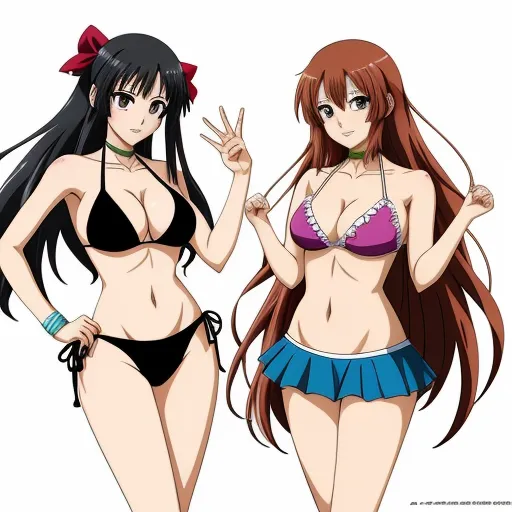 ai generated images free - two women in bikinis standing next to each other with one pointing at the camera and the other pointing at the camera, by Toei Animations