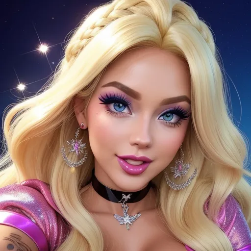 nsfw ai image generator - a barbie doll with a very long blond hair and blue eyes wearing a pink dress and a star necklace, by Sailor Moon
