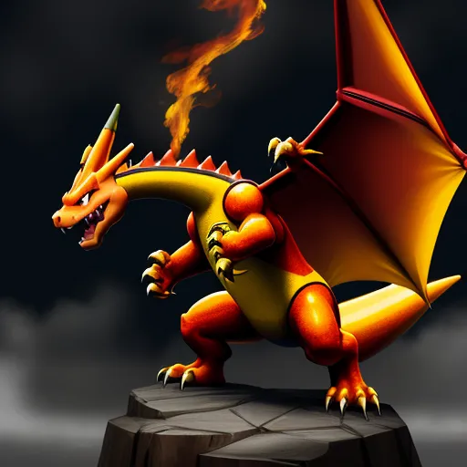 a cartoon of a dragon on a rock with a fire coming out of its mouth and a cigarette in its mouth, by Ken Sugimori