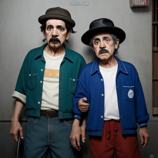 two men with fake mustaches and hats on their heads are standing next to each other in front of a wall, by Alex Prager